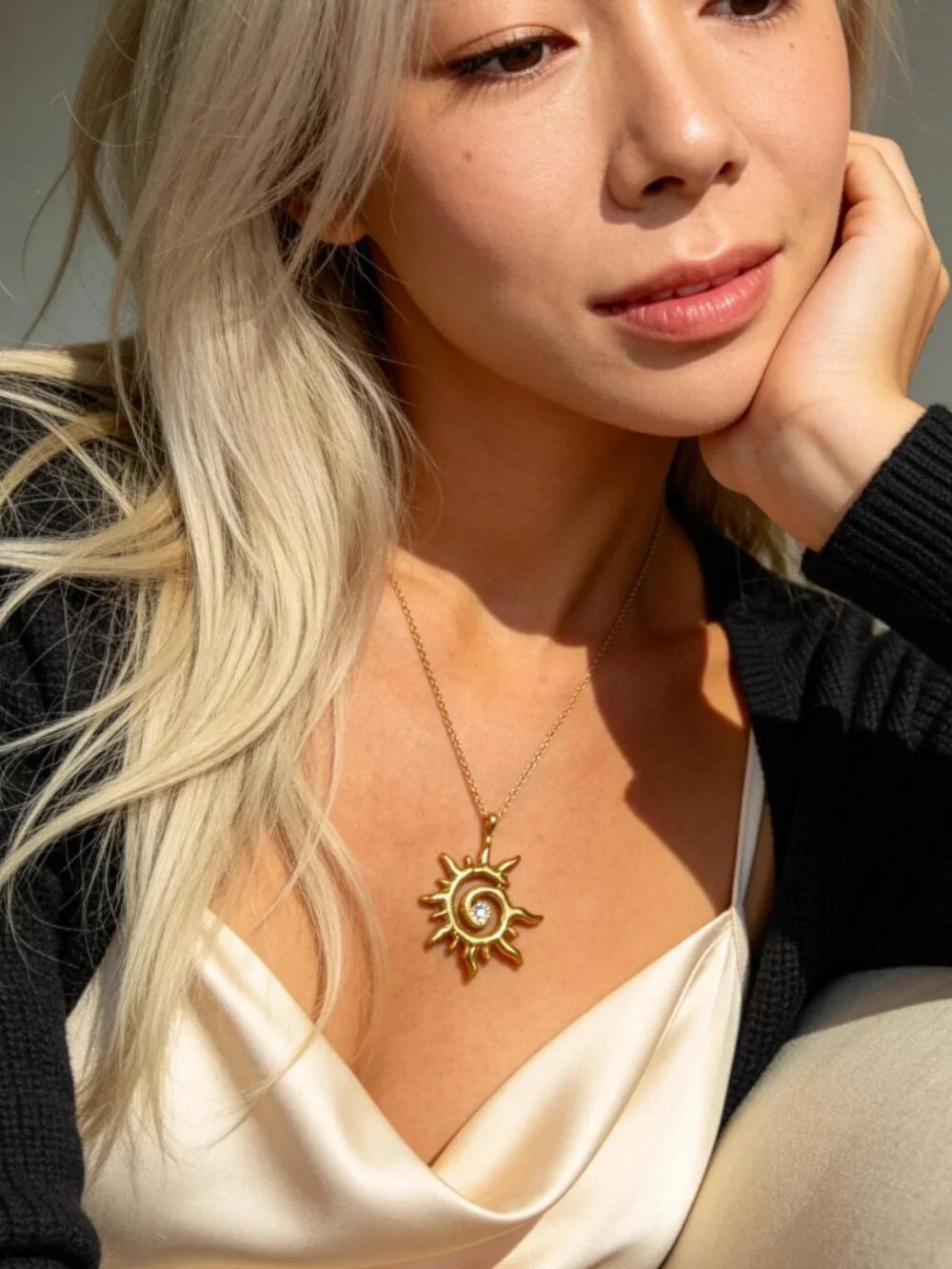Gold Sun Spiral Pendant Necklace Stainless Steel - Picture 8 of 13
